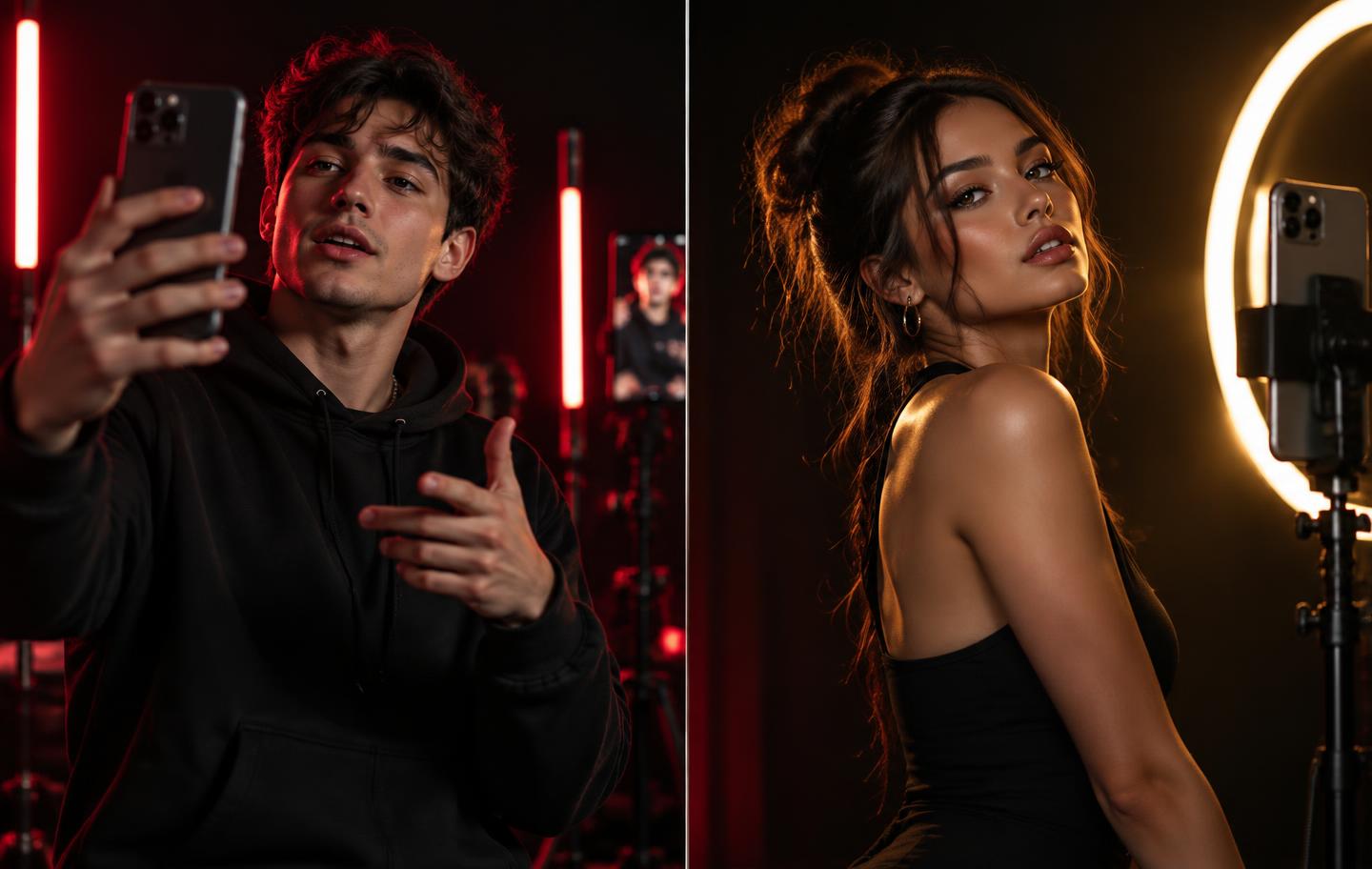 A content creator recording himself on a phone and a model posing for a phone camera with a ring light