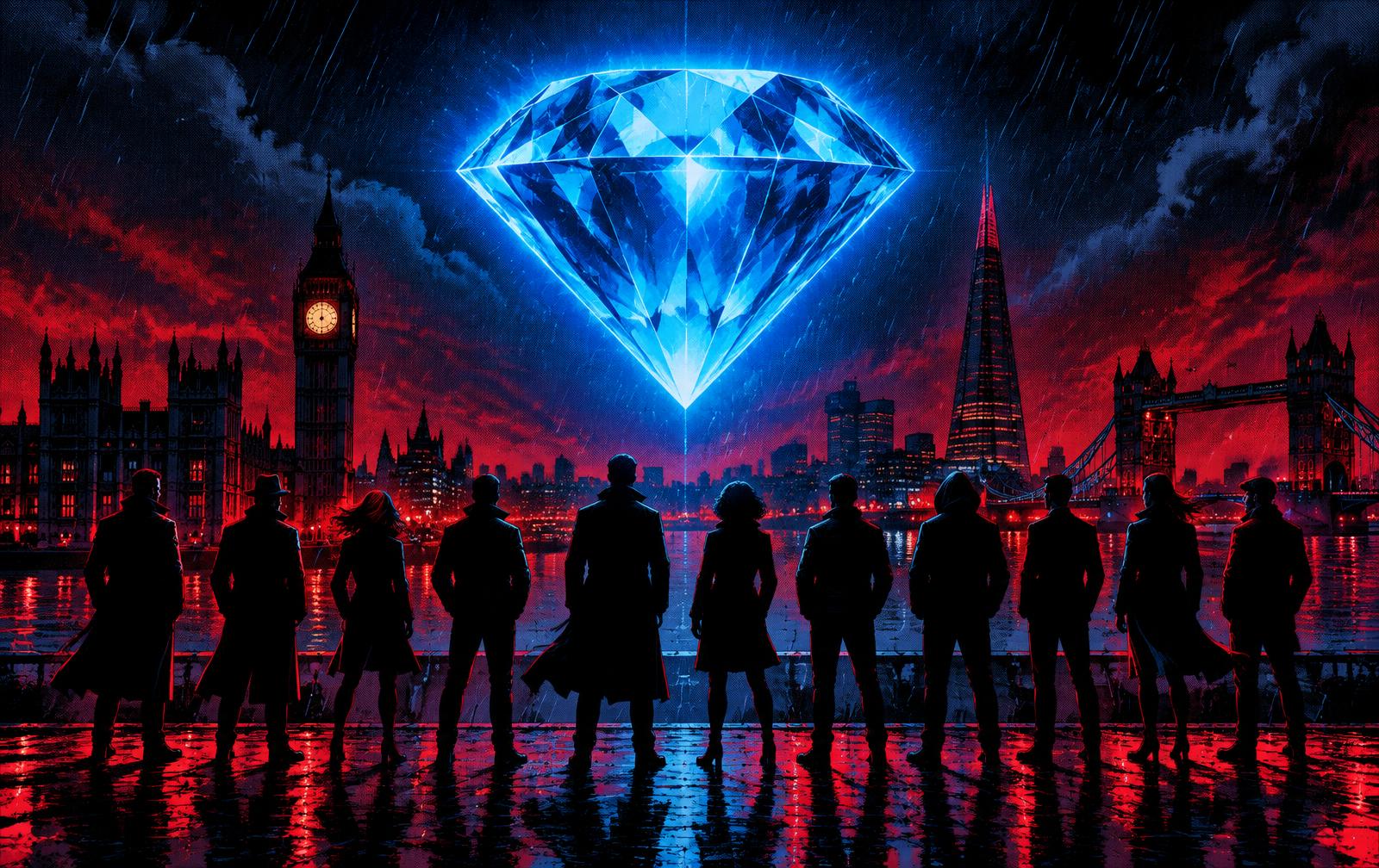 Stylised London skyline at night with eleven shadowy figures beneath a glowing blue diamond — The London Heist
