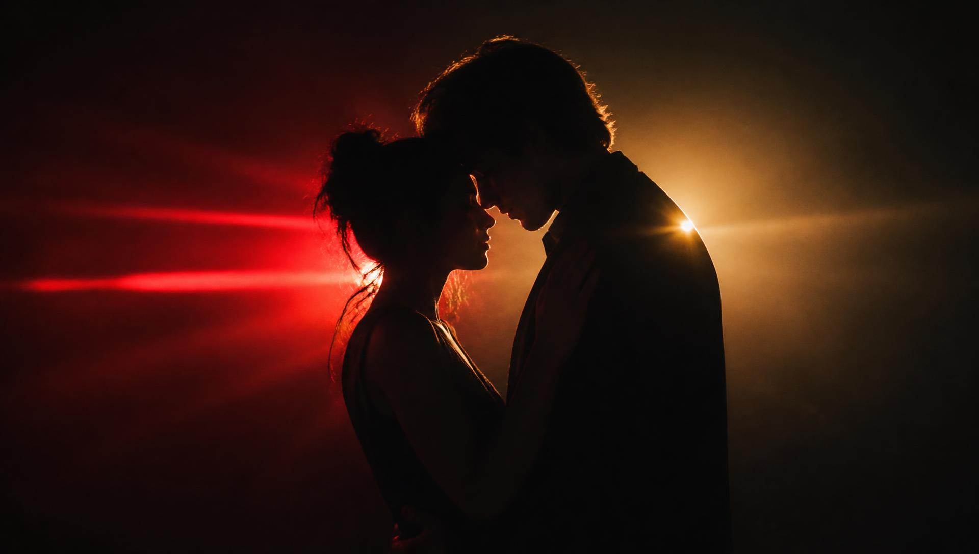 Cinematic silhouette lit by red and gold studio light