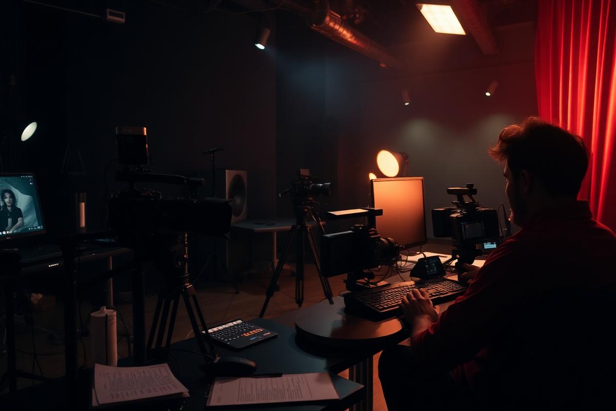 Creative team editing video in a dark studio